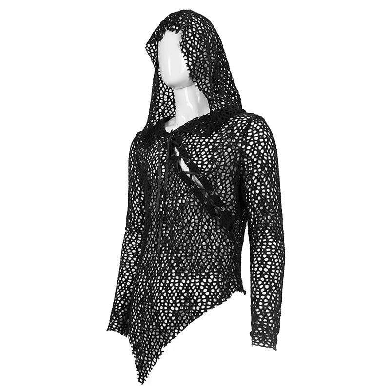 DEVIL FASHION Men's Gothic Strappy Irregular Mesh Shirt with Hood