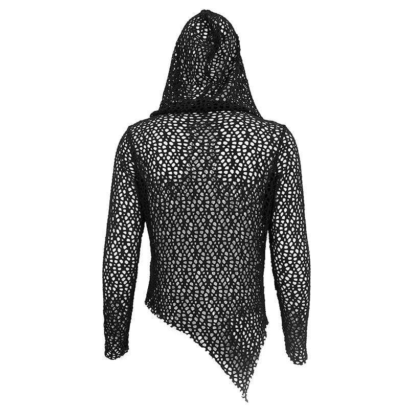 DEVIL FASHION Men's Gothic Strappy Irregular Mesh Shirt with Hood