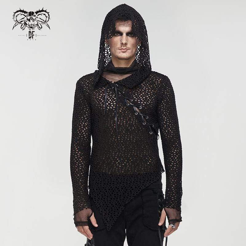 DEVIL FASHION Men's Gothic Strappy Irregular Mesh Shirt with Hood