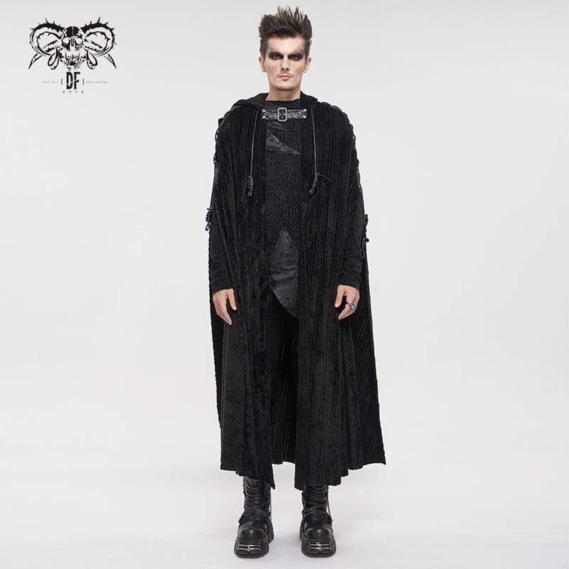 DEVIL FASHION Men's Gothic Strappy Split Buckle Coat with Hood