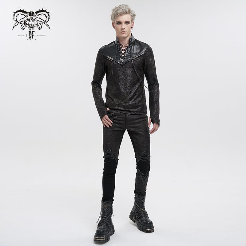 DEVIL FASHION Men's Gothic Strappy Stand Collar Faux Leather Splice Shirt