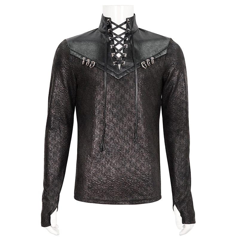 DEVIL FASHION Men's Gothic Strappy Stand Collar Faux Leather Splice Shirt