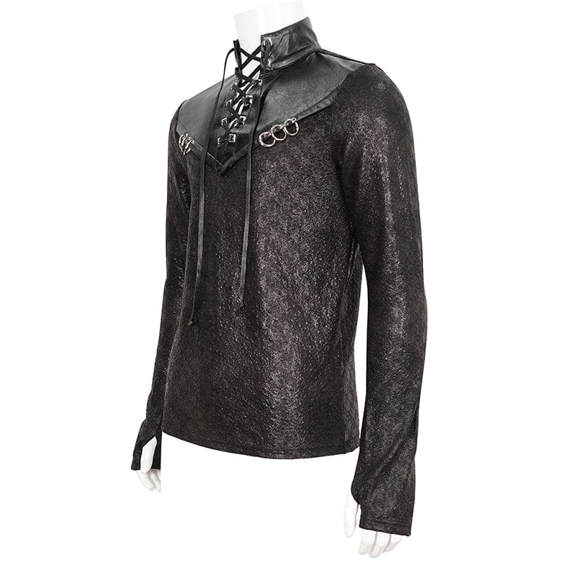 DEVIL FASHION Men's Gothic Strappy Stand Collar Faux Leather Splice Shirt