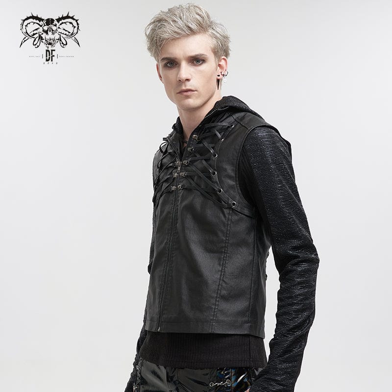 DEVIL FASHION Men's Gothic Strappy Stand Collar Faux Leather Waistcoat