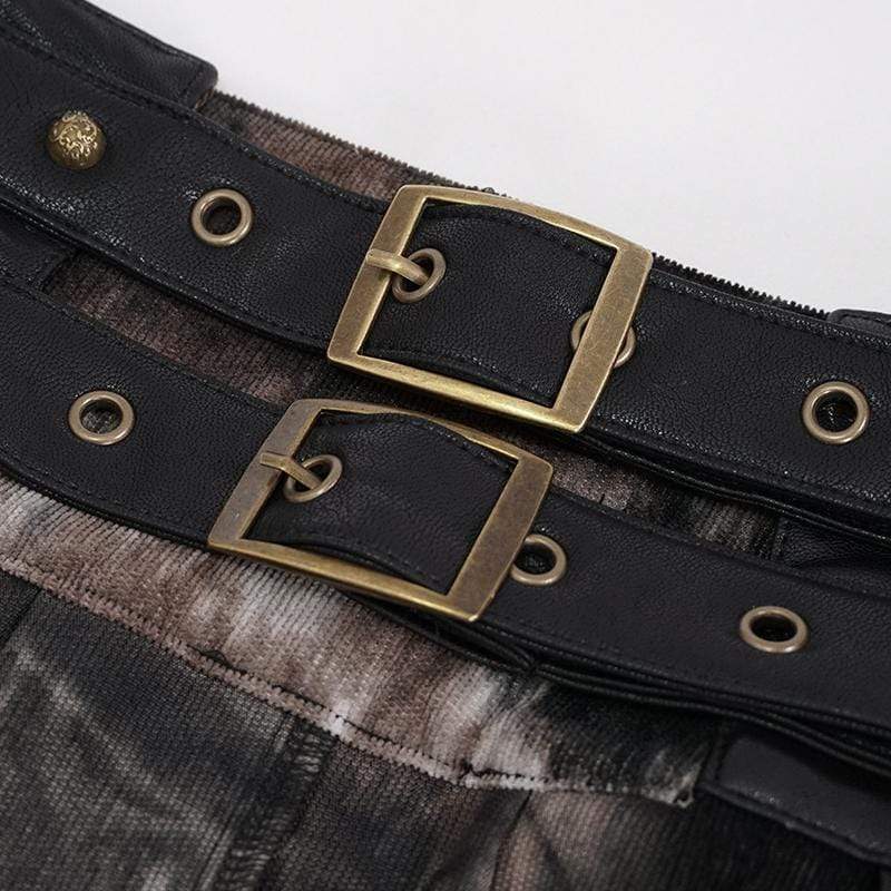 DEVIL FASHION Men's Gothic Tie-dyed Faux Leather Splice Kilt with Belts