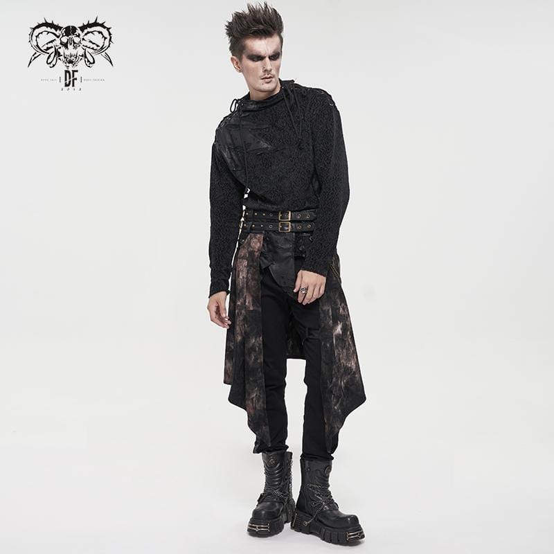 DEVIL FASHION Men's Gothic Tie-dyed Faux Leather Splice Kilt with Belts