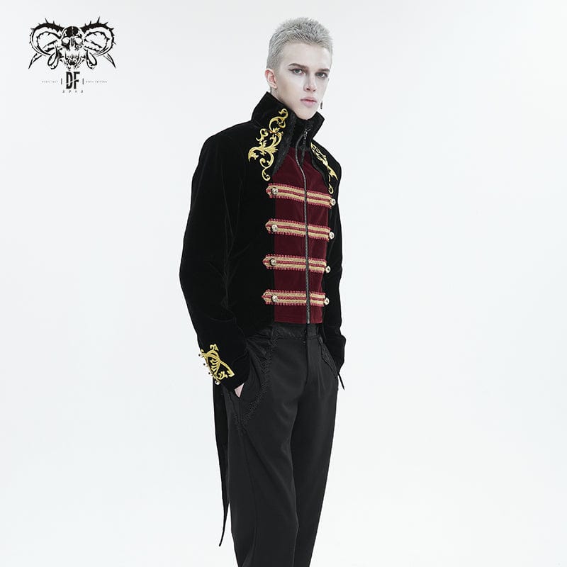 DEVIL FASHION Men's Gothic Totem Embroidered Swallow-tailed Coat Black