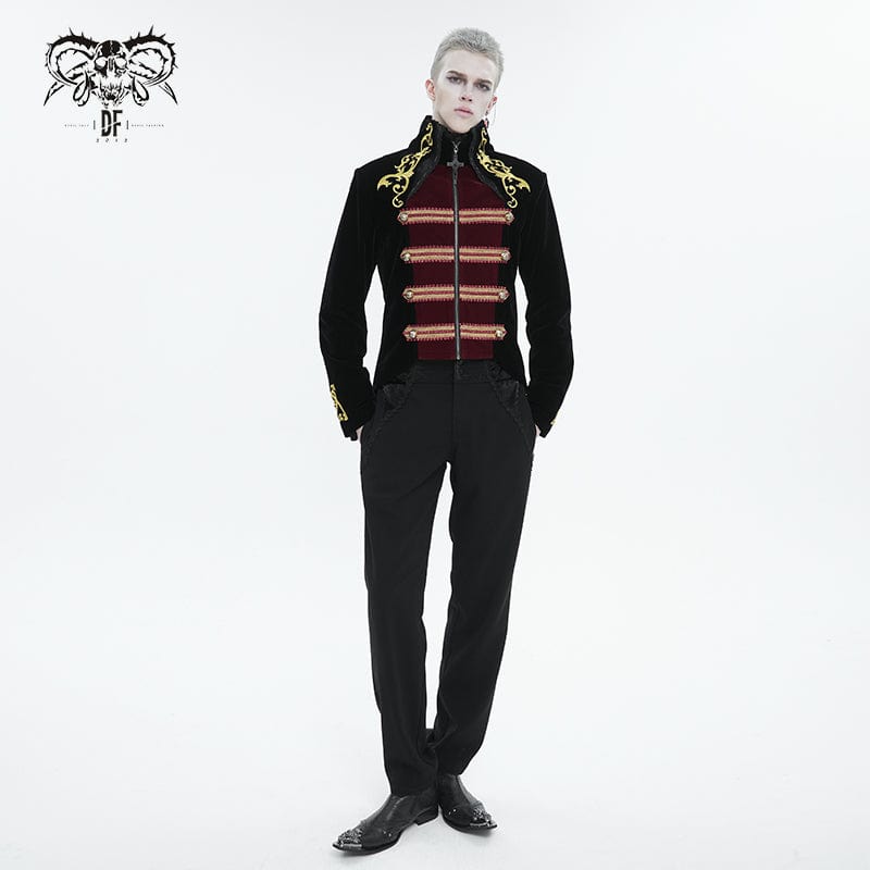 DEVIL FASHION Men's Gothic Totem Embroidered Swallow-tailed Coat Black