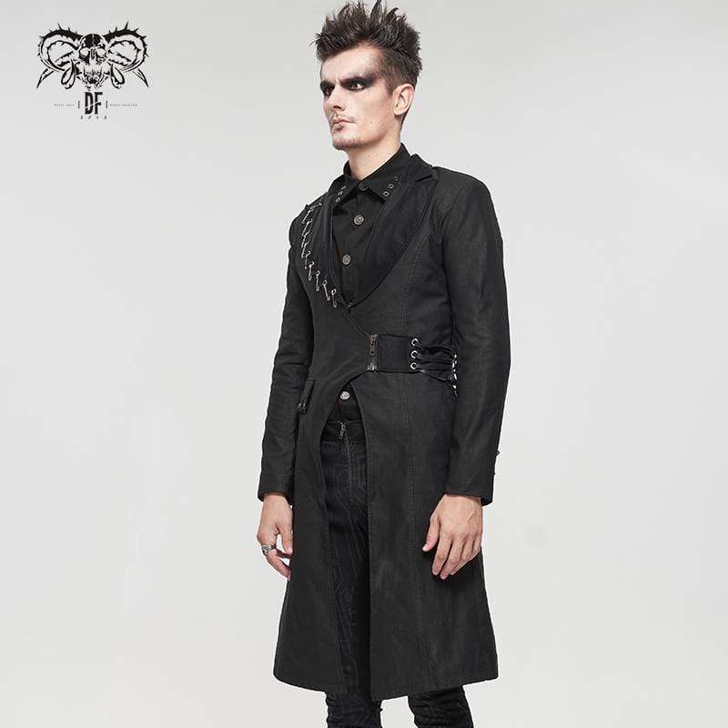 DEVIL FASHION Men's Gothic Turn-down Collar Strappy Long Coat