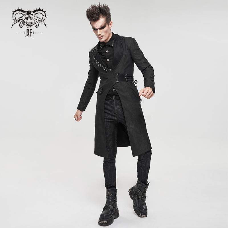 DEVIL FASHION Men's Gothic Turn-down Collar Strappy Long Coat