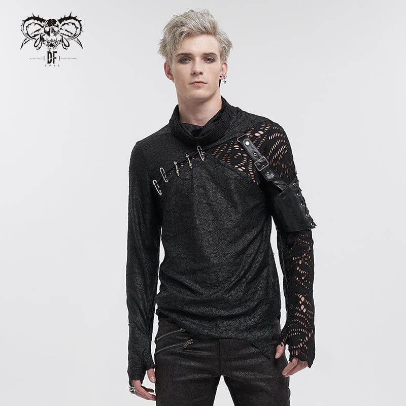 DEVIL FASHION Men's Gothic Turtleneck Mesh Splice Irregular Shirt