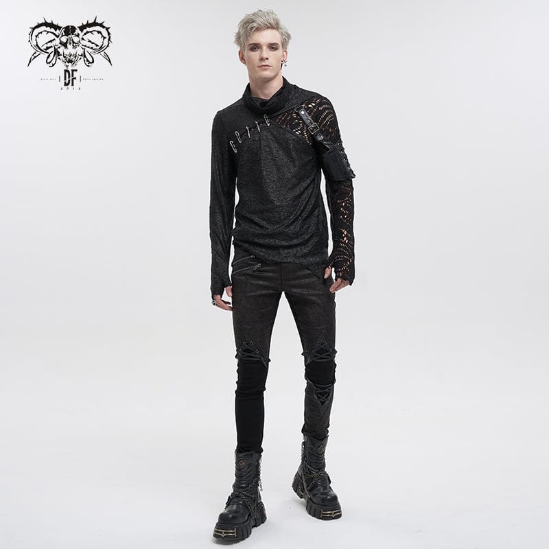 DEVIL FASHION Men's Gothic Turtleneck Mesh Splice Irregular Shirt