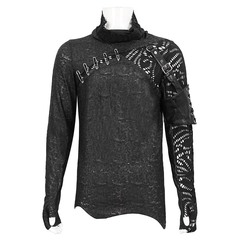 DEVIL FASHION Men's Gothic Turtleneck Mesh Splice Irregular Shirt