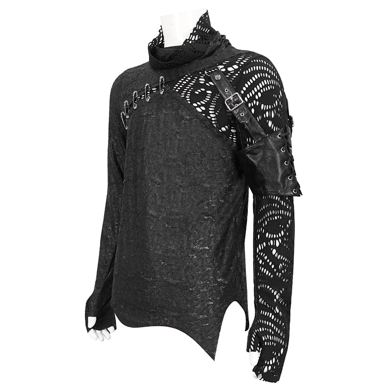 DEVIL FASHION Men's Gothic Turtleneck Mesh Splice Irregular Shirt