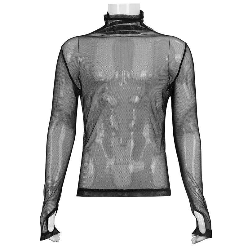 DEVIL FASHION Men's Gothic Turtleneck Sheer Mesh Shirt