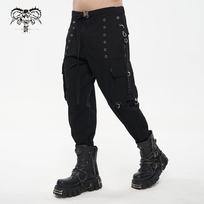 DEVIL FASHION Men's Punk Big-pocket Eyelets Jogger Pants with Strap Belt