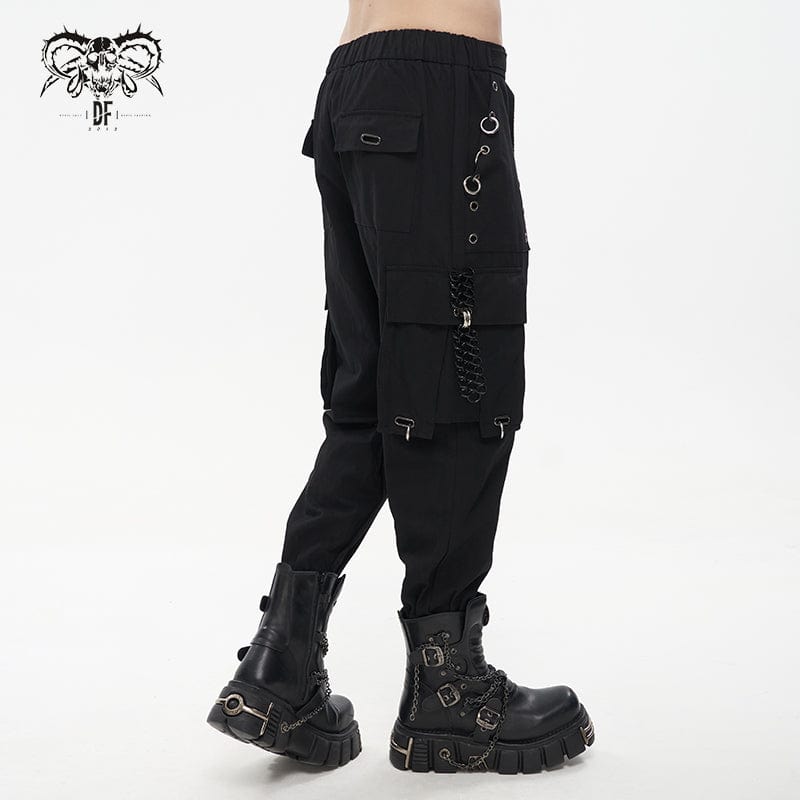 DEVIL FASHION Men's Punk Big-pocket Eyelets Jogger Pants with Strap Belt