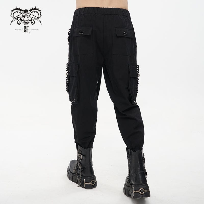 DEVIL FASHION Men's Punk Big-pocket Eyelets Jogger Pants with Strap Belt