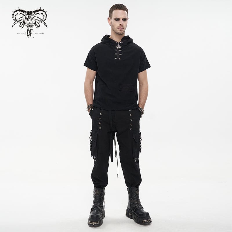 DEVIL FASHION Men's Punk Big-pocket Eyelets Jogger Pants with Strap Belt