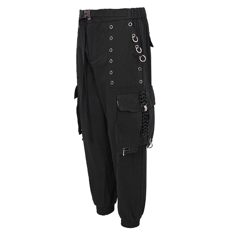 DEVIL FASHION Men's Punk Big-pocket Eyelets Jogger Pants with Strap Belt