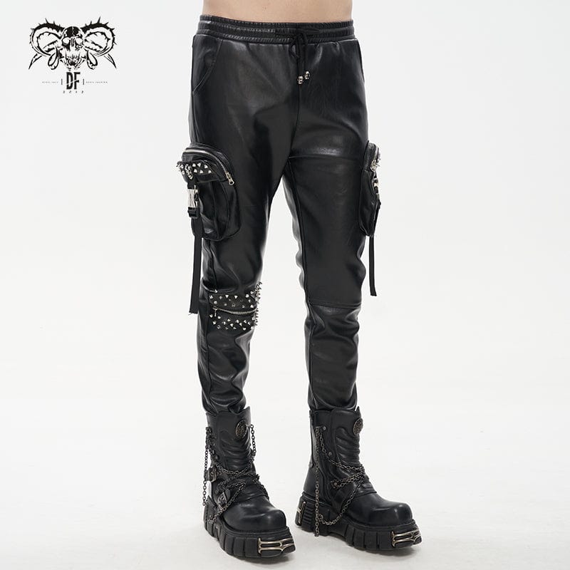 DEVIL FASHION Men's Punk Big-pocket Rivets Faux Leather Pants