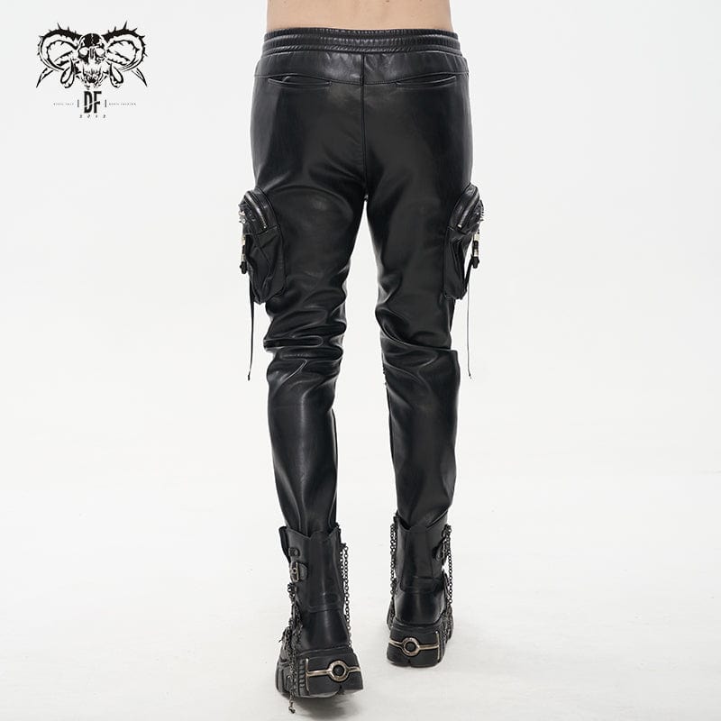 DEVIL FASHION Men's Punk Big-pocket Rivets Faux Leather Pants