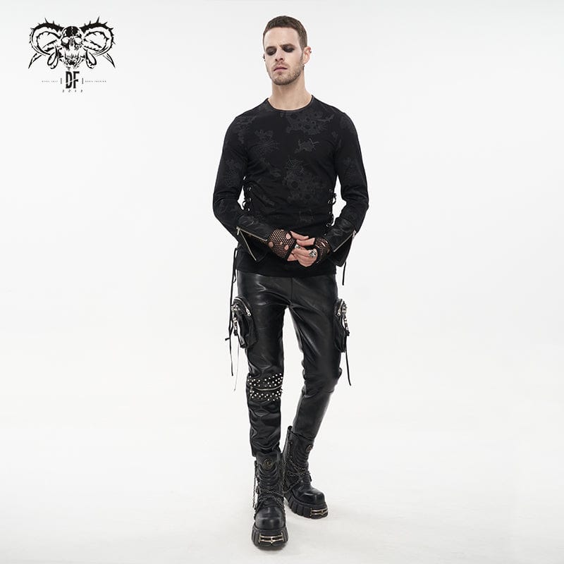 DEVIL FASHION Men's Punk Big-pocket Rivets Faux Leather Pants