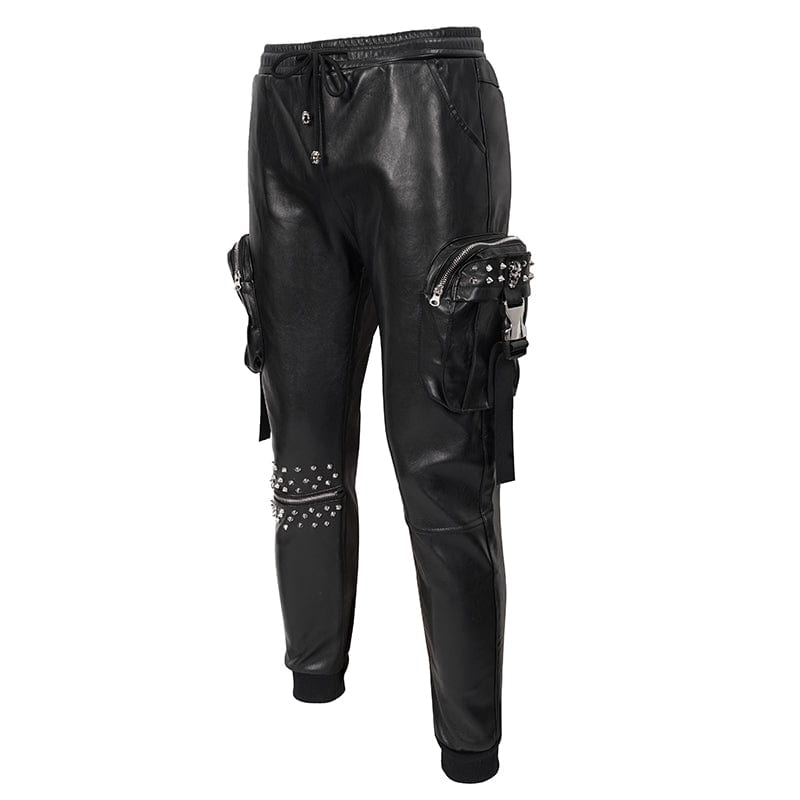 DEVIL FASHION Men's Punk Big-pocket Rivets Faux Leather Pants