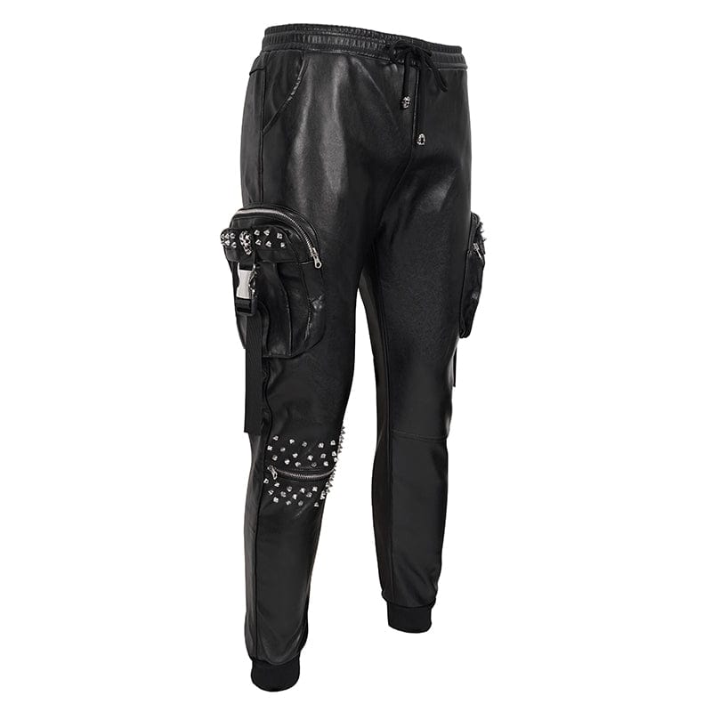 DEVIL FASHION Men's Punk Big-pocket Rivets Faux Leather Pants