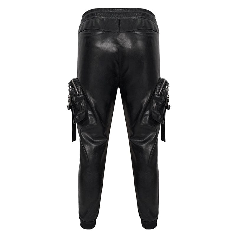 DEVIL FASHION Men's Punk Big-pocket Rivets Faux Leather Pants