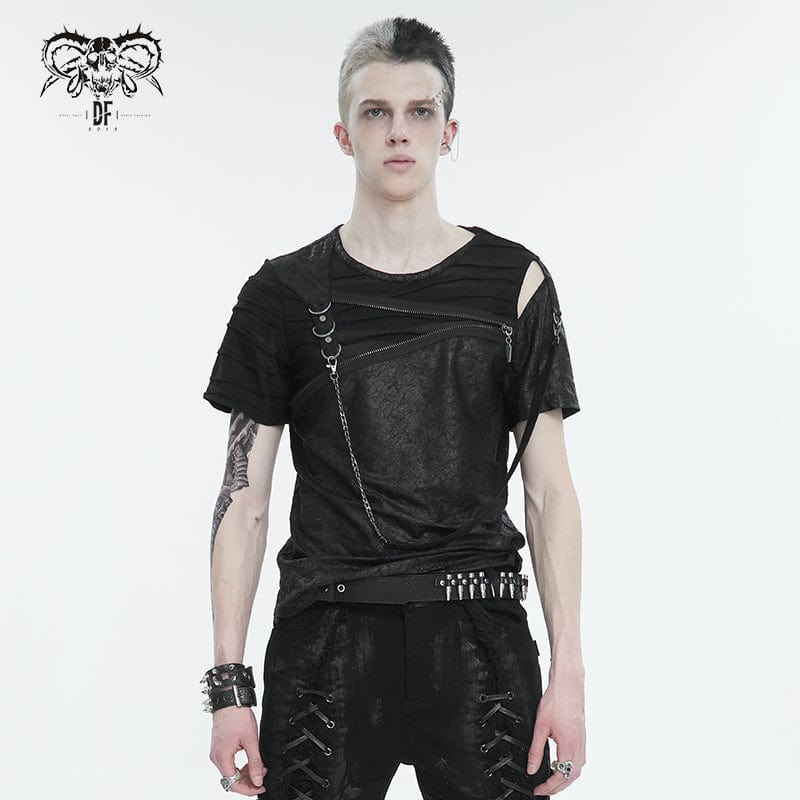DEVIL FASHION Men's Punk Cutout Zipper Strap T-shirt