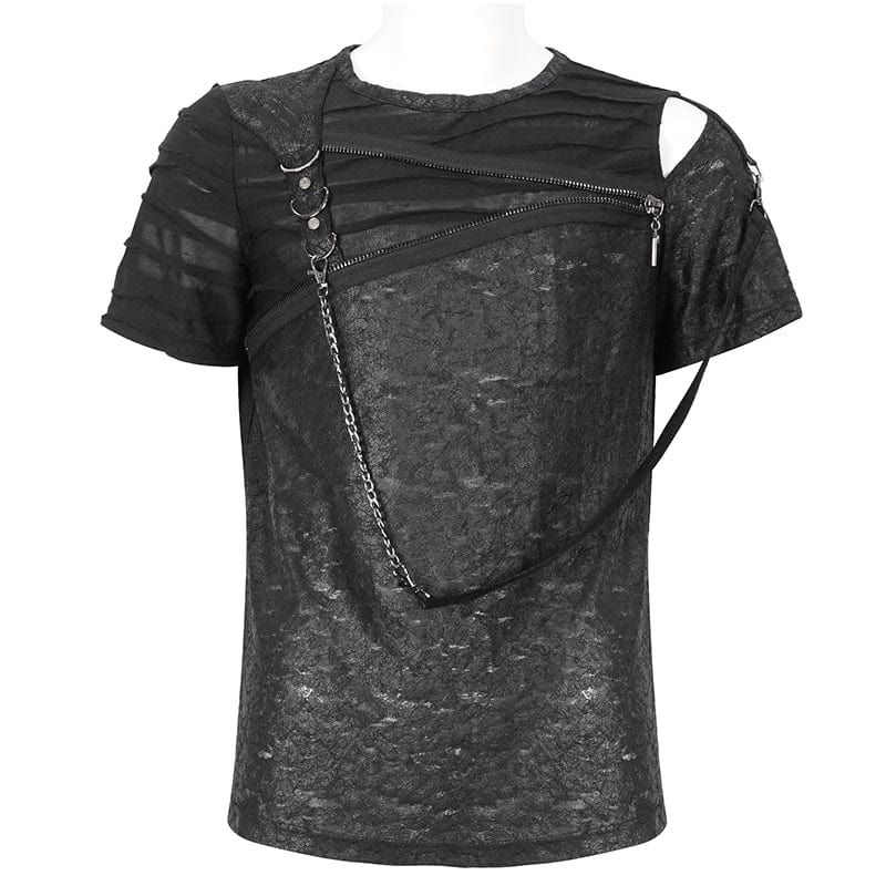 DEVIL FASHION Men's Punk Cutout Zipper Strap T-shirt