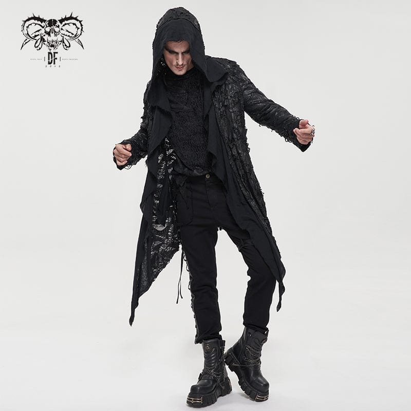 DEVIL FASHION Men's Punk Irregular Ripped Coat with Hood
