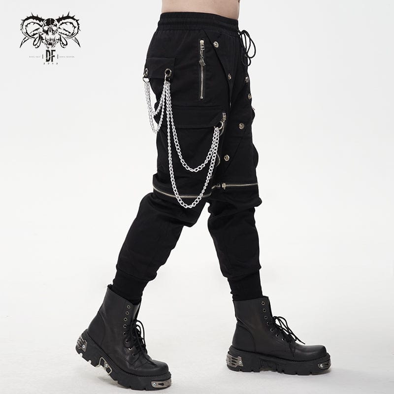 DEVIL FASHION Men's Punk Metal Chain Cargo Pants with Detachable Legs