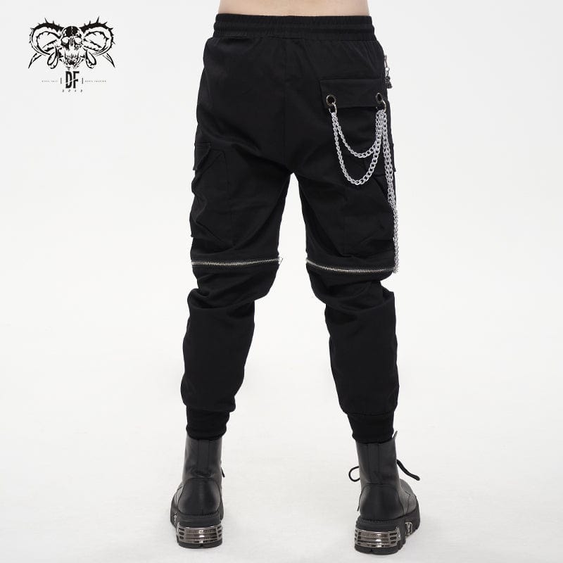 DEVIL FASHION Men's Punk Metal Chain Cargo Pants with Detachable Legs