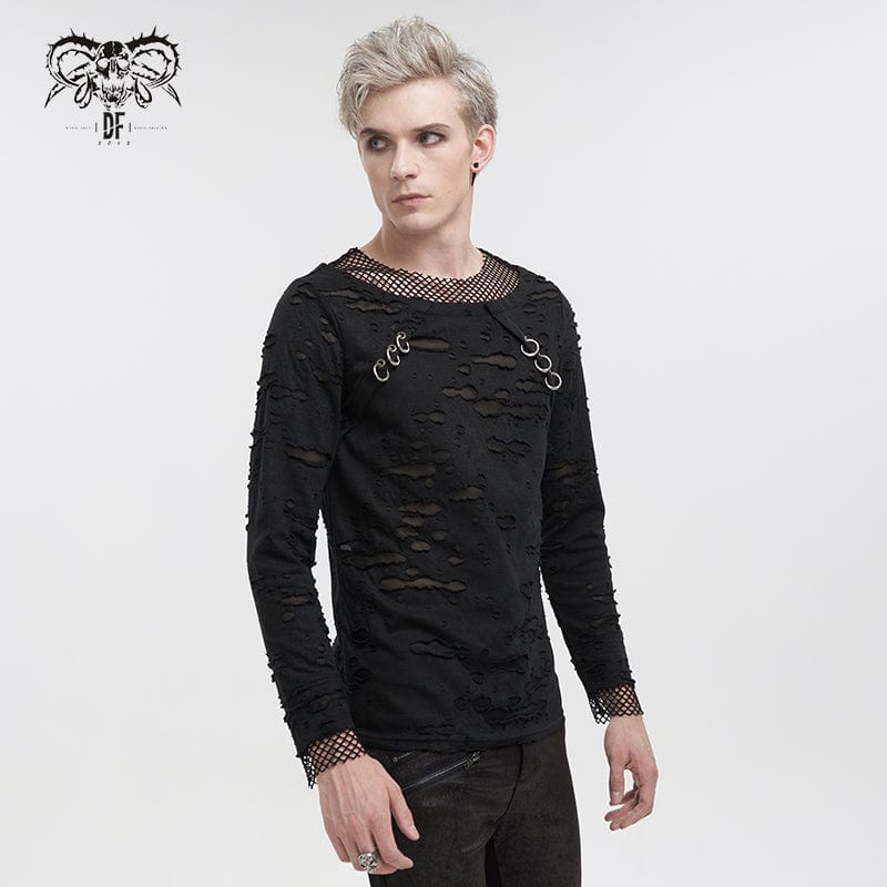 DEVIL FASHION Men's Punk Ripped Mesh Splice Shirt