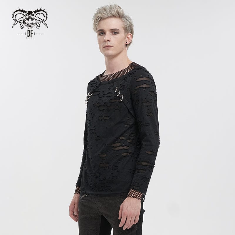 DEVIL FASHION Men's Punk Ripped Mesh Splice Shirt