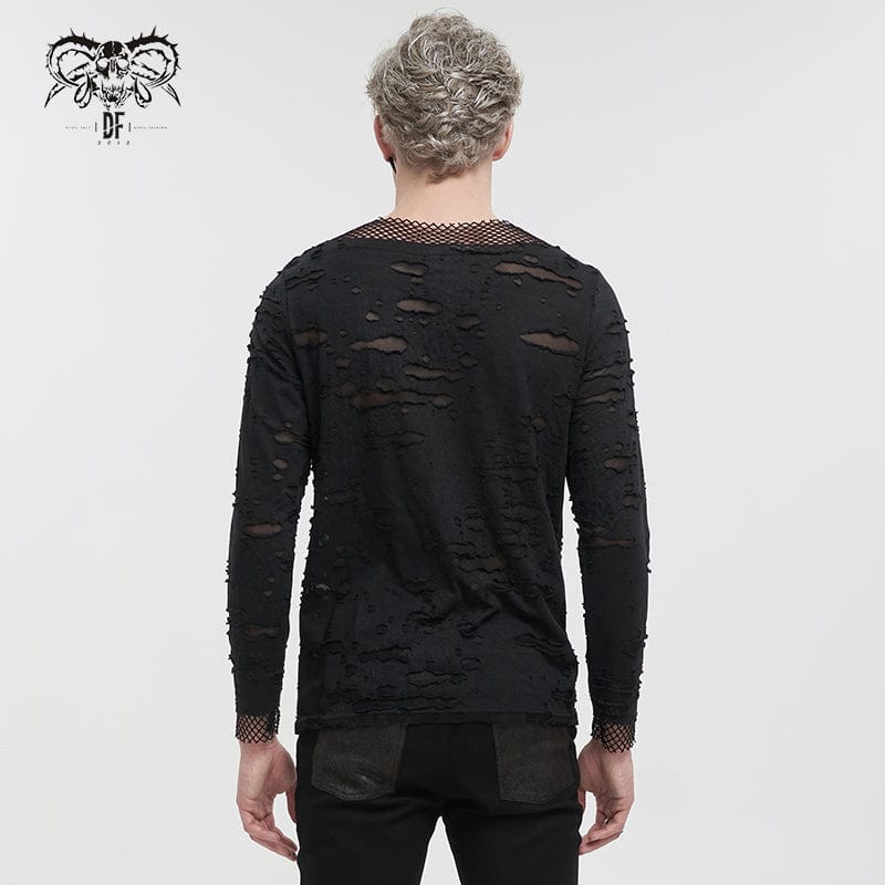 DEVIL FASHION Men's Punk Ripped Mesh Splice Shirt