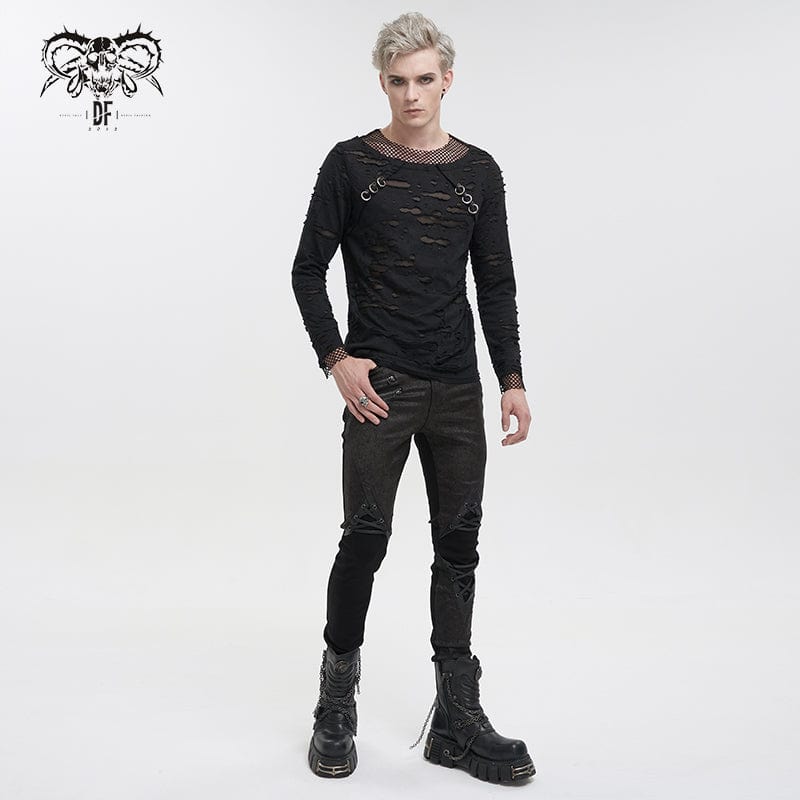 DEVIL FASHION Men's Punk Ripped Mesh Splice Shirt