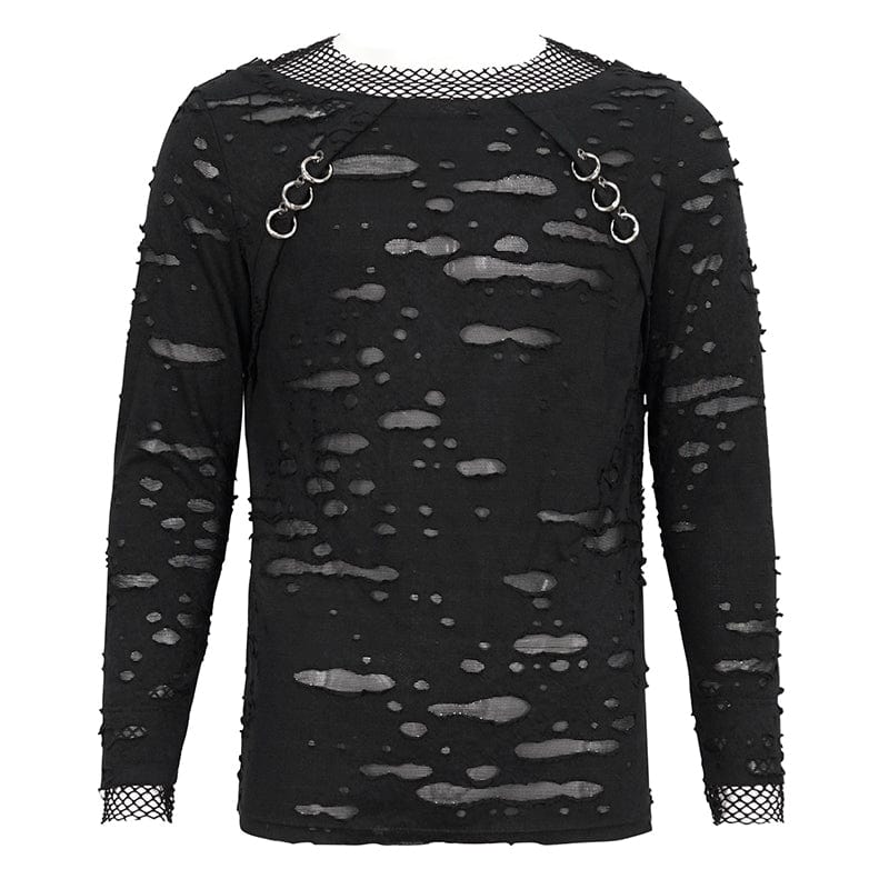 DEVIL FASHION Men's Punk Ripped Mesh Splice Shirt