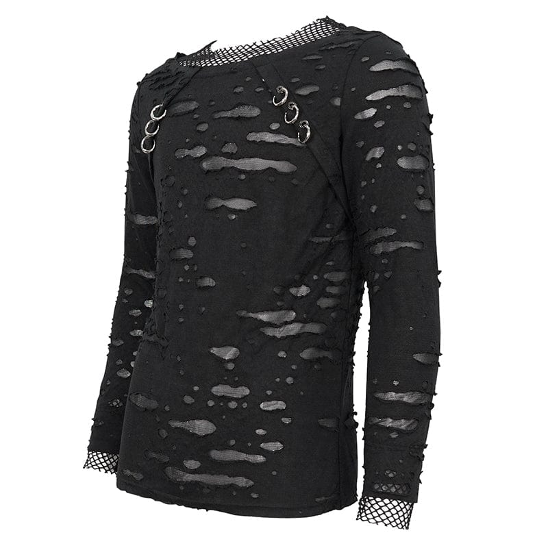 DEVIL FASHION Men's Punk Ripped Mesh Splice Shirt