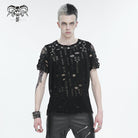 DEVIL FASHION Men's Punk Ripped Strap Mesh T-shirt