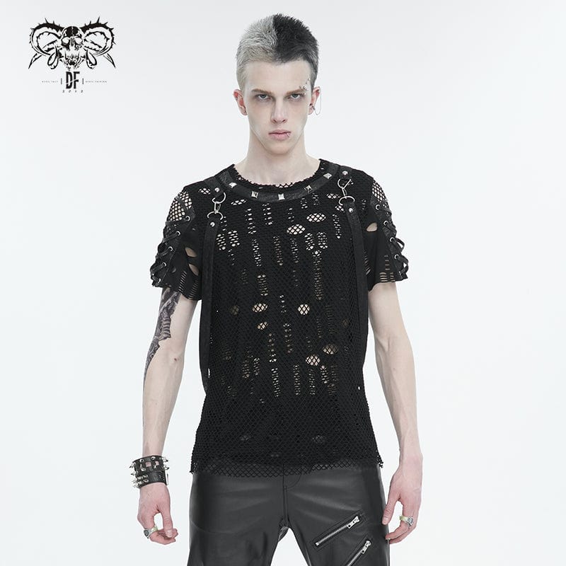 DEVIL FASHION Men's Punk Ripped Strap Mesh T-shirt
