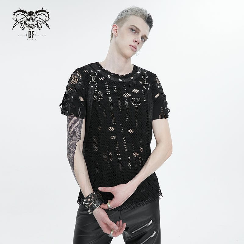 DEVIL FASHION Men's Punk Ripped Strap Mesh T-shirt