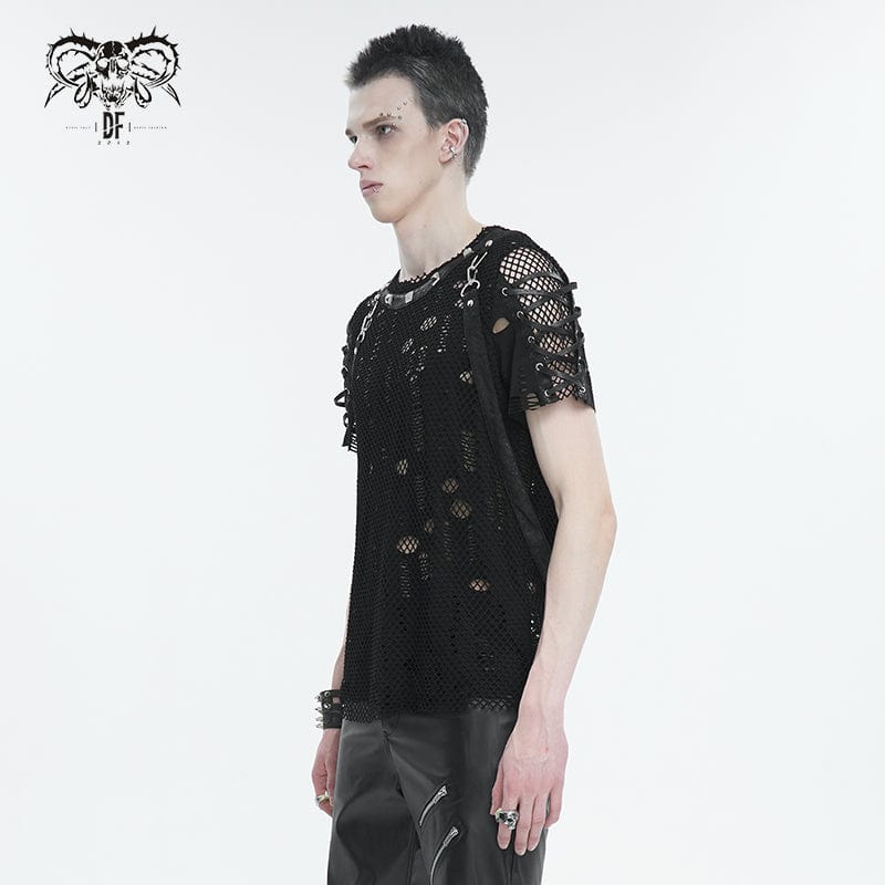 DEVIL FASHION Men's Punk Ripped Strap Mesh T-shirt
