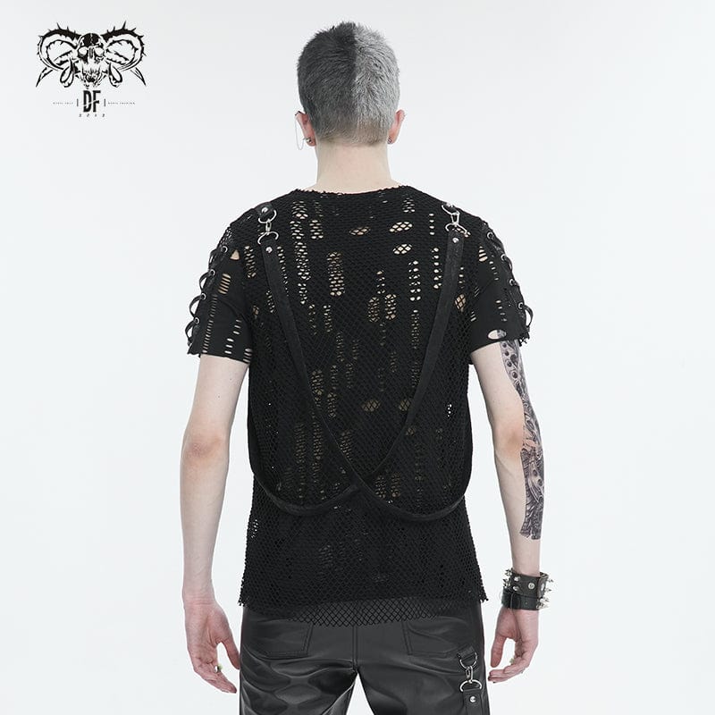 DEVIL FASHION Men's Punk Ripped Strap Mesh T-shirt