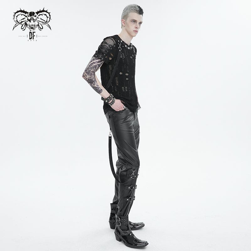 DEVIL FASHION Men's Punk Ripped Strap Mesh T-shirt