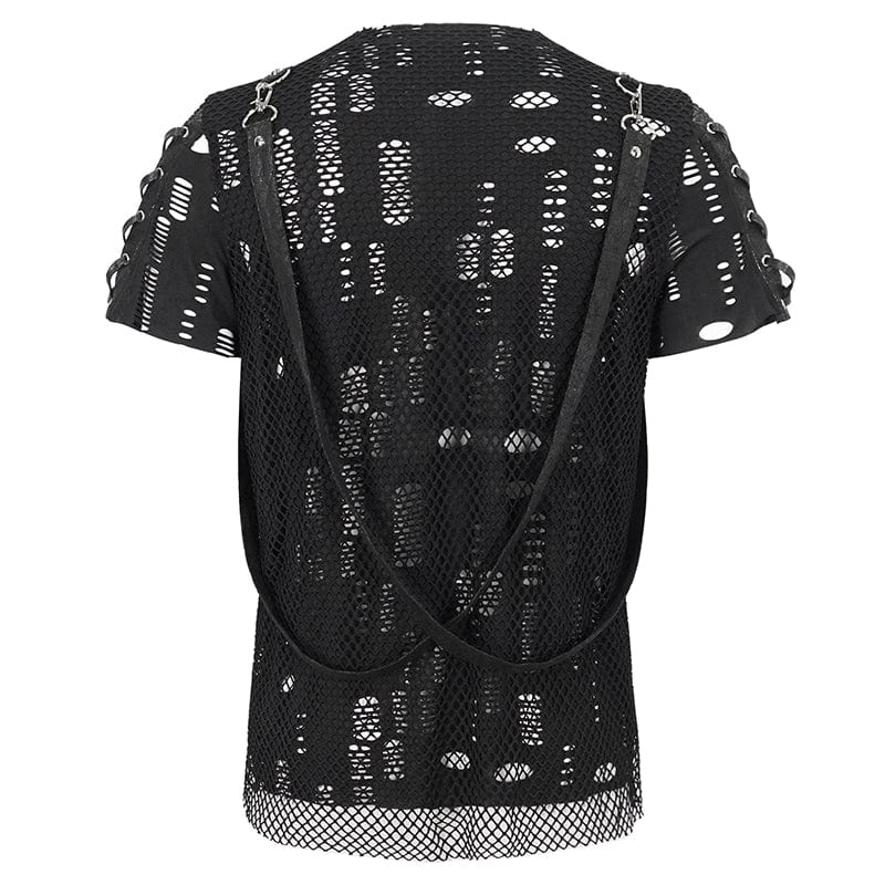 DEVIL FASHION Men's Punk Ripped Strap Mesh T-shirt