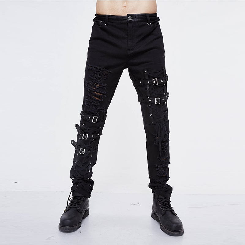 DEVIL FASHION Men's Punk Ripped Straps Straight-leg Pants