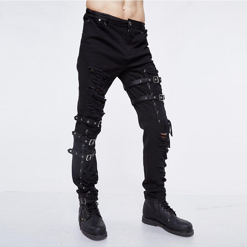 DEVIL FASHION Men's Punk Ripped Straps Straight-leg Pants